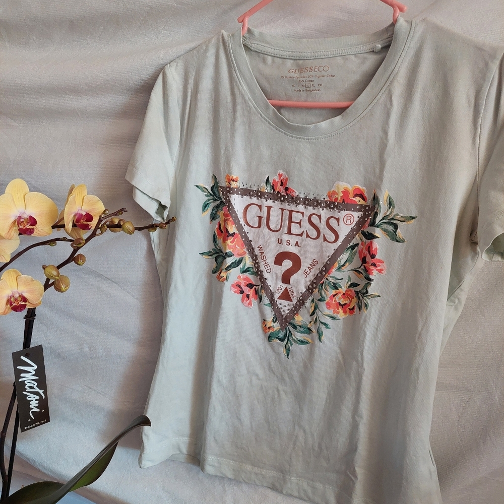 GUESS ECO Floral light teal shirt